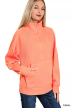 Zenana Half Zip Fleece Sweatshirt with kangaroo Pocket