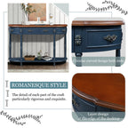 Retro Curved Wood Console Table, 52 inch Circular Half Moon Sofa Table with Open Shelf and 2 Drawers, Solid Wood Entry Table for Living Room, Hallway, Navy Blue + Brown Top