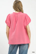 Umgee Textured Gauze Ruffle Neck Boho Top