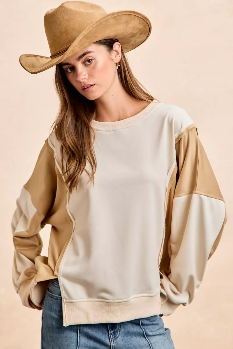 BiBi French Terry Color Block Top With Open Seam Detail