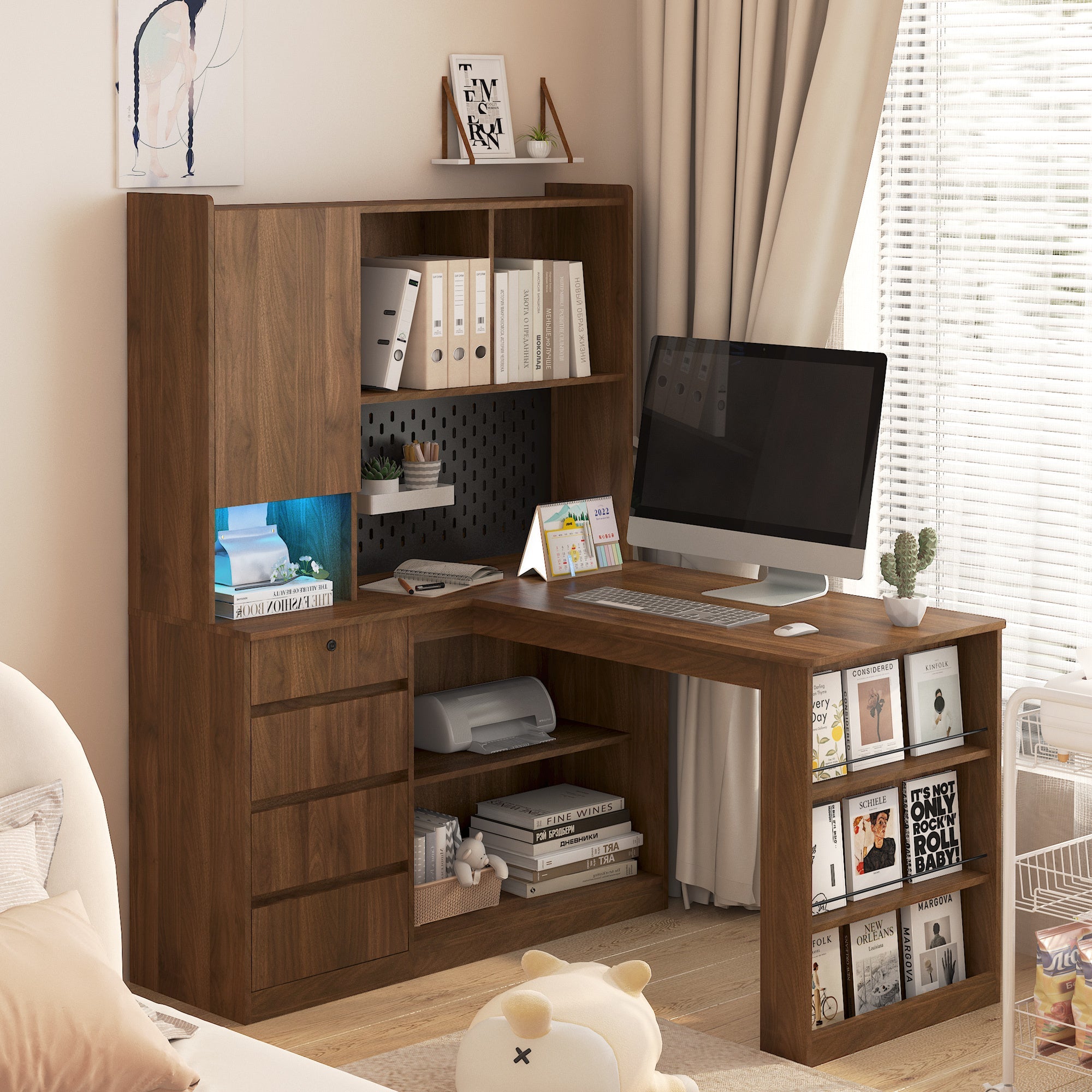 L Shaped Desk,Computer Desk with Drawers,Bookshelf,with LED Light,Modern Corner Desk,Home Office Desk,L-Shaped Study Table Writing Desk,Corner Gaming Computer Desk with Storage
