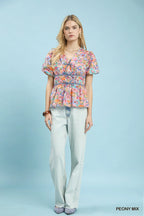 Umgee Mix Floral Smocked Waist Blouse