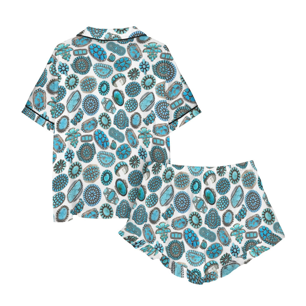 Baha Ranch Turquoise Crazy Satin Ruffle Western Pajama Set Baha Ranch Western Wear