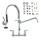 Commercial Faucet with Pre-Rinse Sprayer, 21' Height, 8' Center, 12' Swing Spout, Wall Mount Kitchen Sink Faucet, Brass Constructed Device with Pull Down Spray, for 1/2/3 Compartment Sink