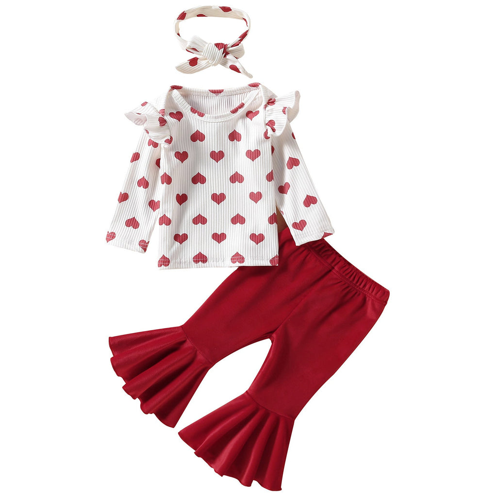 Infant Children's Valentine's Day White Love Top Flared Trousers Two-Piece Set