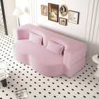 Modern Floor Sofa with 2 Pillows,Convertible Teddy Fabric Foam Filled Sleeper Sofa Bed,15 ' Full Size Folding Mattress for Living Room,Guest Bed,Playroom,No Assembly Required,Pink