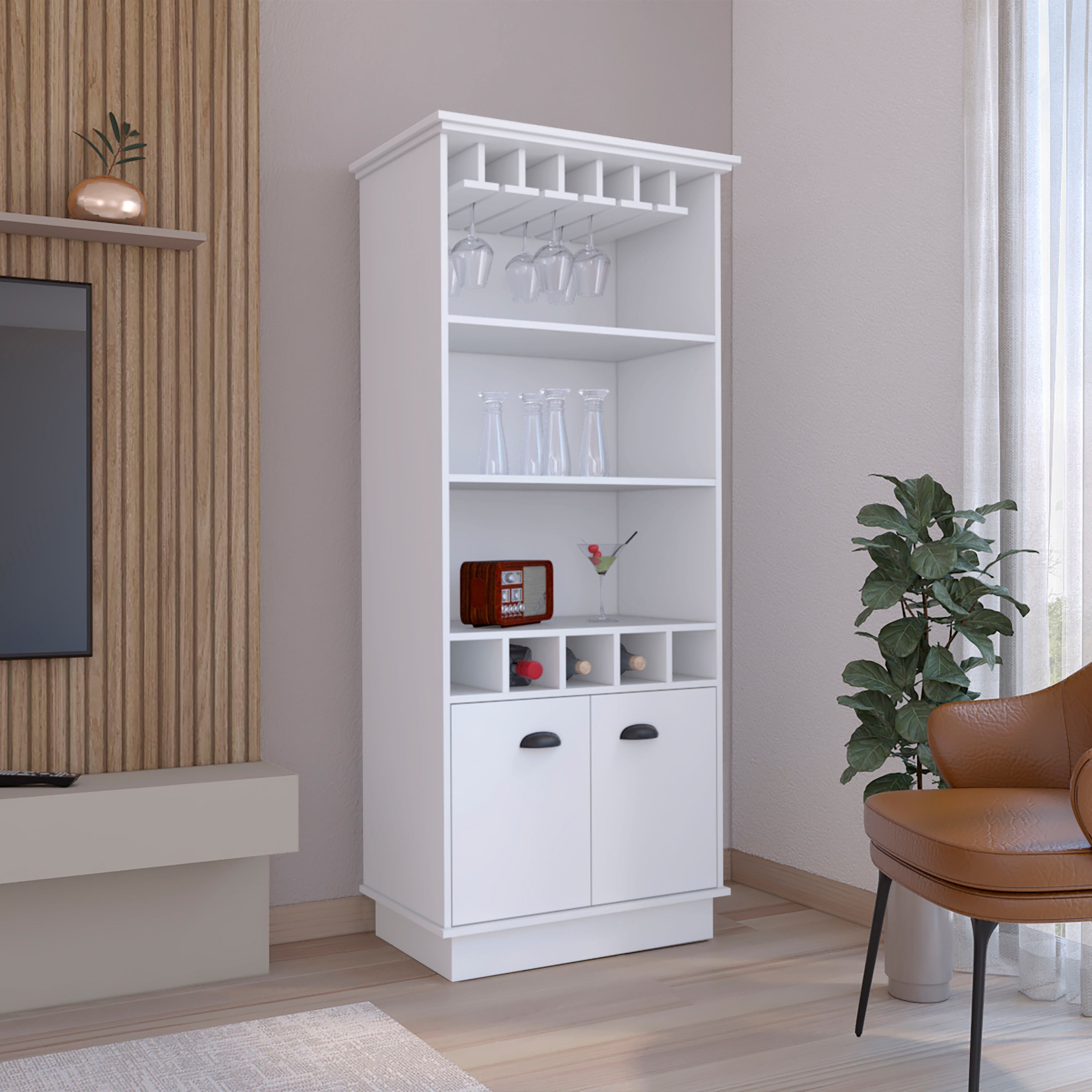 70'H Bar Cabinet with Wine Rack, Upper Glass Cabinet, three Open Storage Shelves and One Cabinet,White