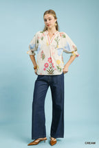 Umgee Floral Split Neck Puff Sleeve Top