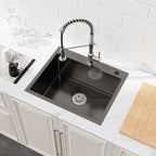 Stainless Steel Kitchen Sink, 23″x19″ Single Bowl, Undermount Handmade Sink in Black, with US Standard Drain and Hook, LS-SSBL02