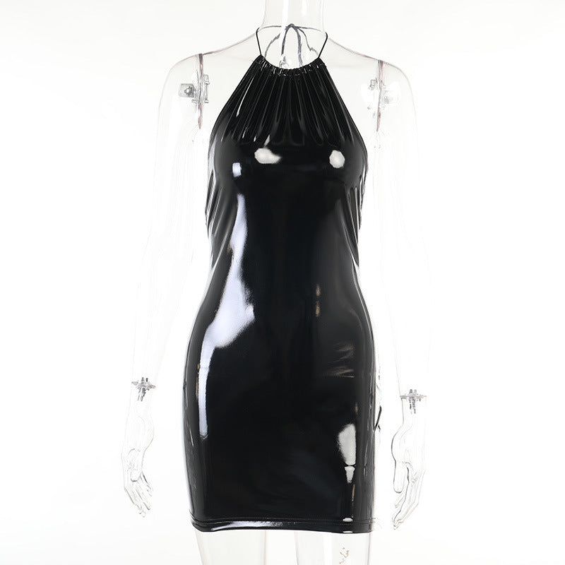 Skinny Bag Hip Halter Back Bright Leather Dress