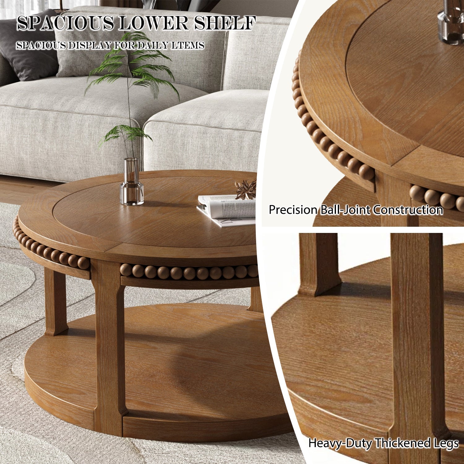 31.5 Inch Round Solid Wood Coffee Table & Sofa Table - Two-Tier Thickened Top, Sturdy Legs, Circle Table for Living Room (Walnut)