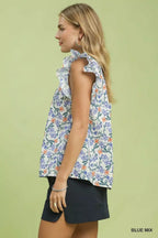 Umgee Floral Print Ruffle  Cap Sleeve Shirt