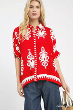 Umgee Abstract Print Button Down Short Sleeve Shirt