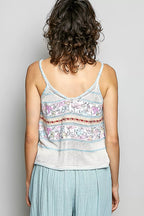 POL Printed Contrast Button Down Cami with Trim Detail and Blanket Stitch