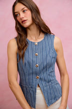 SO ME Stripe Slim Fit Button Front Denim Vest Top