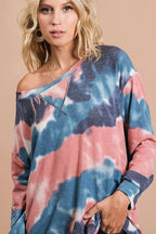 BiBi Tie Dye French Terry Pull Over with Front Stitching Detail