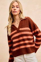 BiBi Striped Sweater Top with Collar Stitched Details