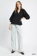 Umgee Full Size Textured Notched Balloon Sleeve Blouse Plus Size