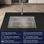 Stainless Steel Kitchen Sink, 30″x19″ Drop In Single Bowl, Undermount Handmade Sink in Brushed Nickel, with US Standard Drain and Hook, LS-SSBR05