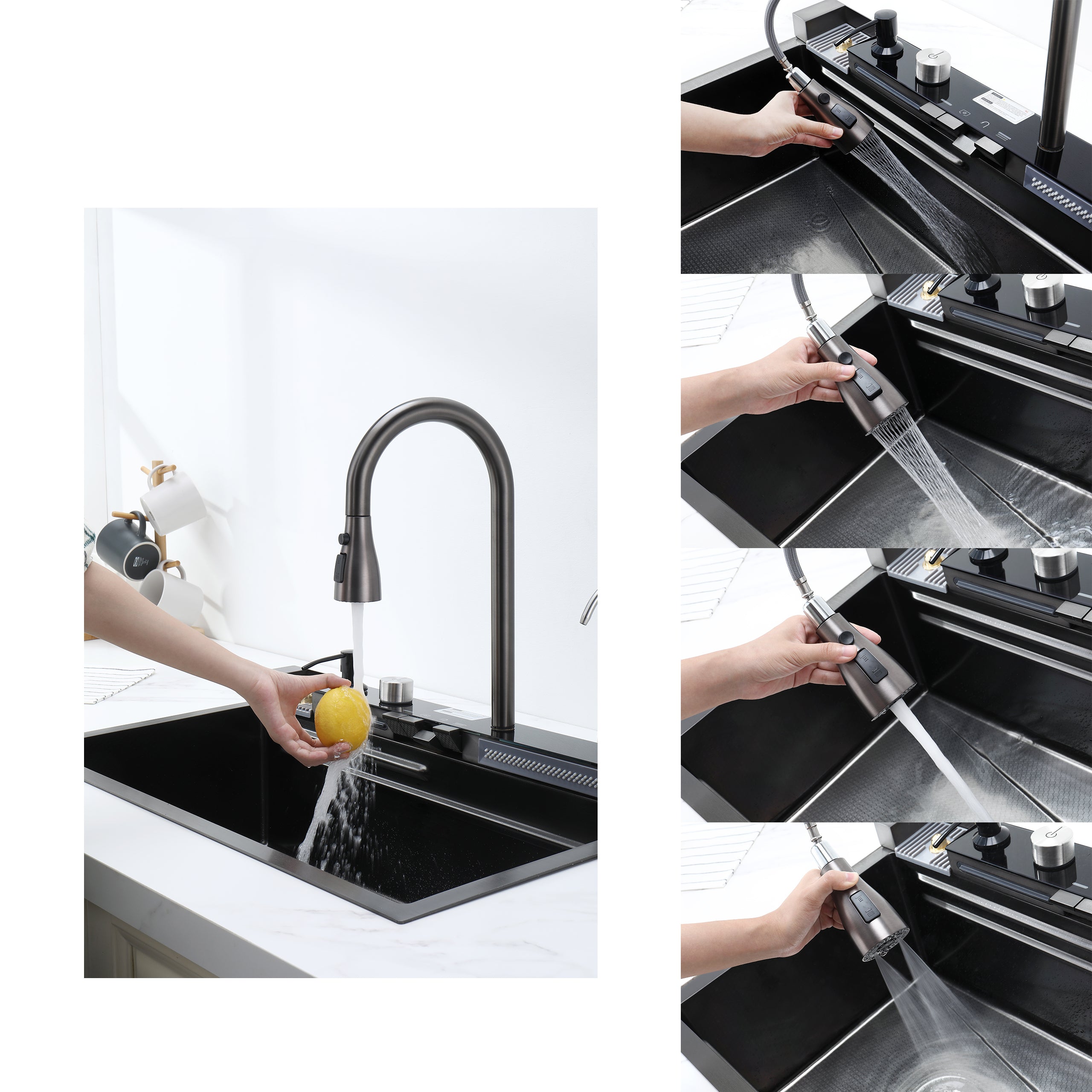 Pull-out Facuet Single Bowl Sink Kitchen Vegetable Sink 304 Whale Waterfall Sink Stainless Steel Dish Sink Vegetable Sink Household Vegetable Washing Basin