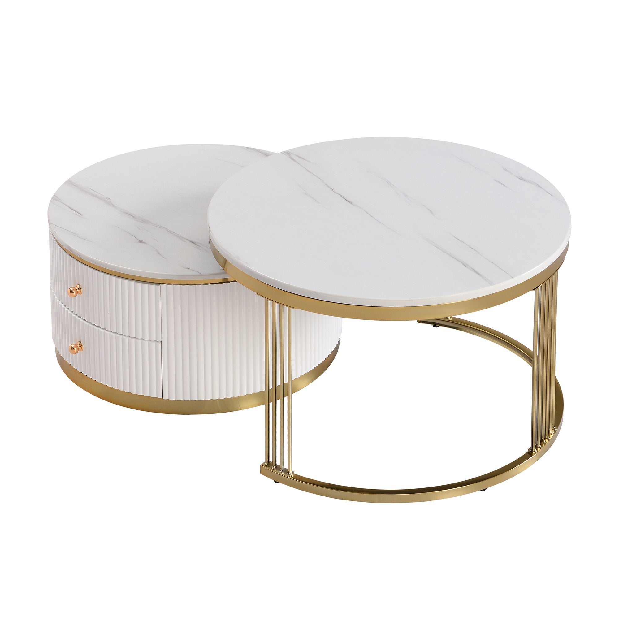 Modern 2 Pieces White Round Nesting Coffee Table with Drawers in 27.6''