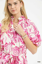 Umgee Abstract Print Smocked Tie Waist Midi Dress