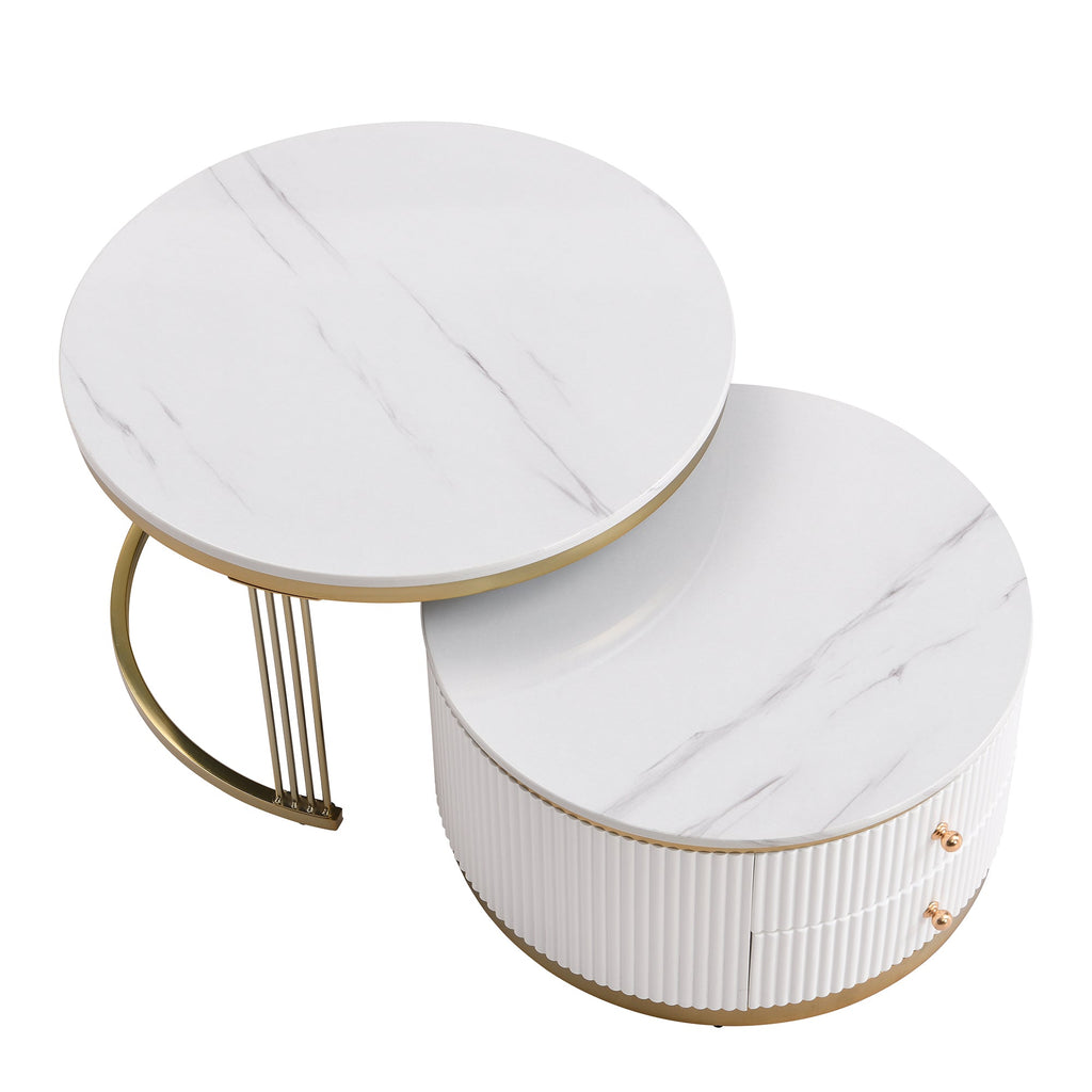 Modern 2 Pieces White Round Nesting Coffee Table with Drawers in 27.6''