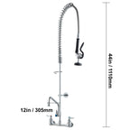 Commercial Faucet with Pre-Rinse Sprayer, 44' Height, 8' Center, 12' Swing Spout, Wall Mount Kitchen Sink Faucet, Brass Constructed Device with Pull Down Spray, for 1/2/3 Compartment Sink