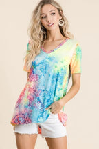 BiBi  Tie Dye Print Jersey V Neck Top