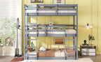 Triple Rubber Wood Bunk Bed with Two Built-in Ladders, Guardrails, Twin over Twin over Twin, Detachable Triple Twin Bunk Bed,Grey