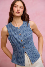 SO ME Stripe Slim Fit Button Front Denim Vest Top