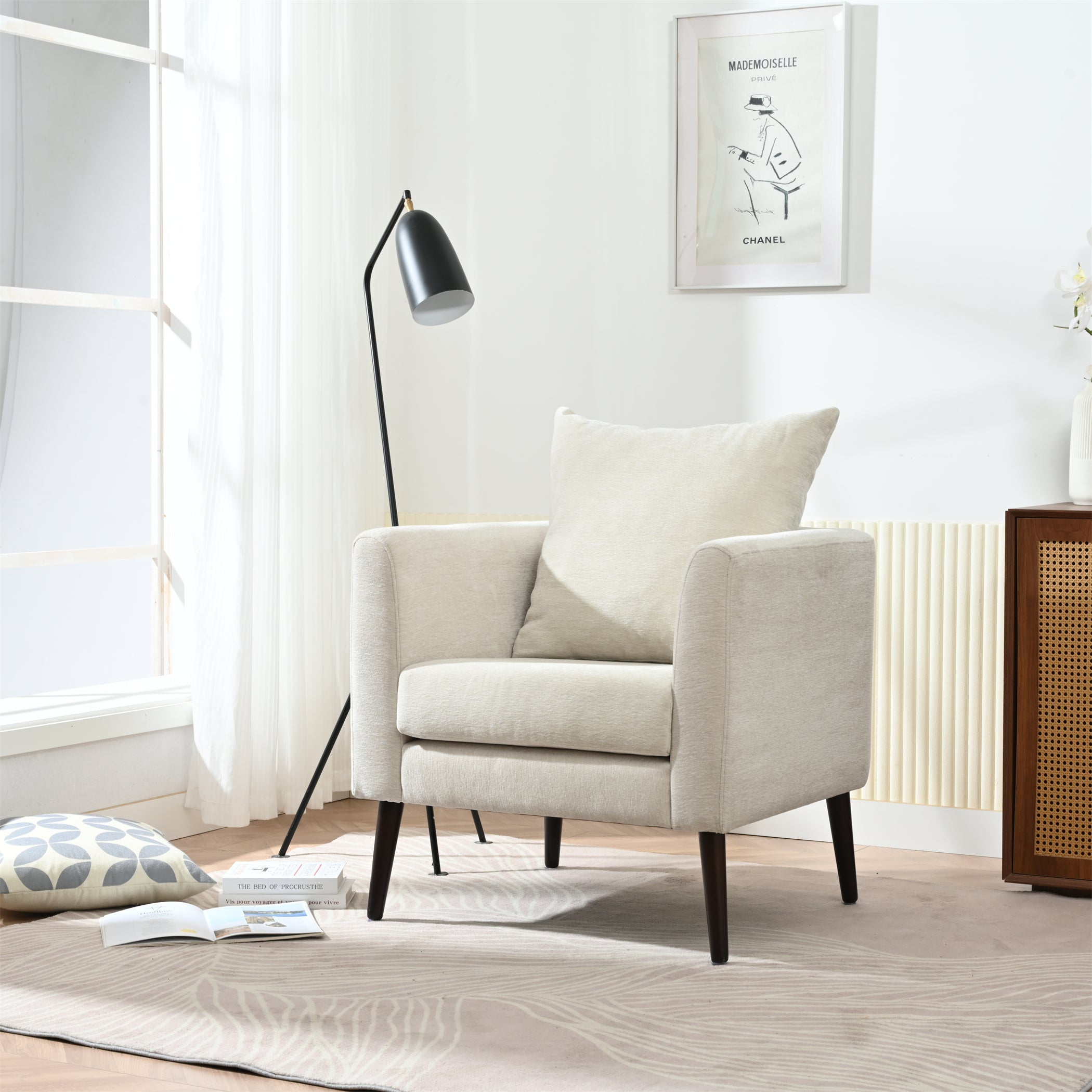 Modern Chenille Accent Chair, Upholstered Armchair for Living Room, Mid Century Fabric Lounge Chair w/Pillow, Comfortable Reading Chair with Wood Legs for Living Room, Bedroom, Reception Room (Beige)