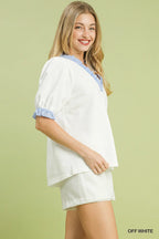 Umgee French Terry Ruffle Trim Puff Sleeve Top