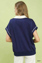 Umgee Contrast Collar Soft Knit Polo Top