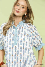 Umgee Striped Trim Floral Tiered Mini Dress