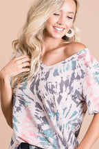 BiBi Tie Dye Print Terry Deep U Neck Top