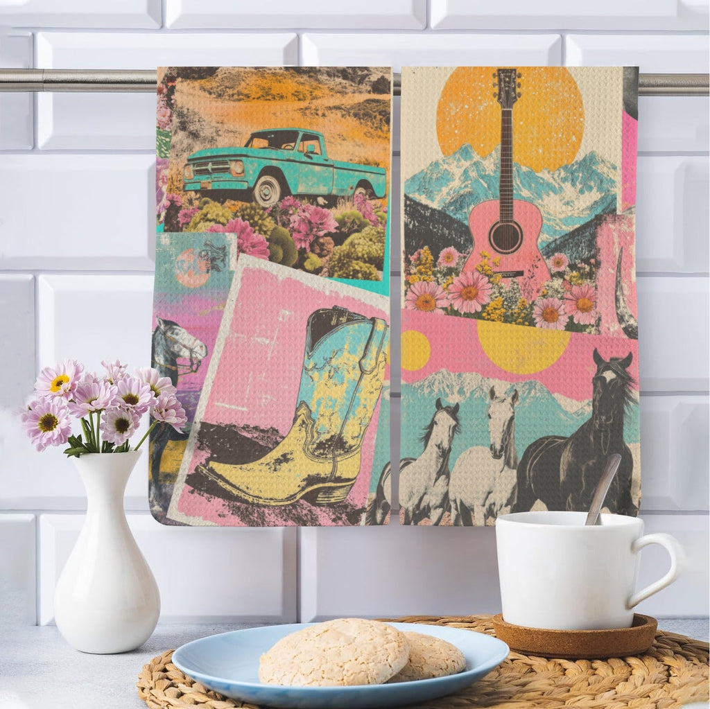 Retro Pop Western set of 2 Kitchen Dish Towels Made in America Baha Ranch Western Wear