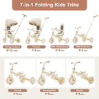7 in 1 Baby Tricycle, Foldable Toddler Tricycle with Removable and Adjustable Parent Handle, Toddler Push Bike with Removable Pedal, Canopy, and Guardrail, Tricycle for 12-72 Months, yellow
