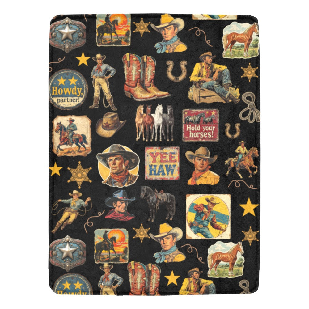 Baha Ranch Vintage Cowboy Collage Western Ultra Soft Minky Throw Blanket 60" x 80" Made in America Baha Ranch Western Wear