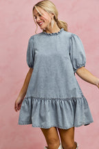 SO ME Denim Short Sleeves Mini Tiered Dress