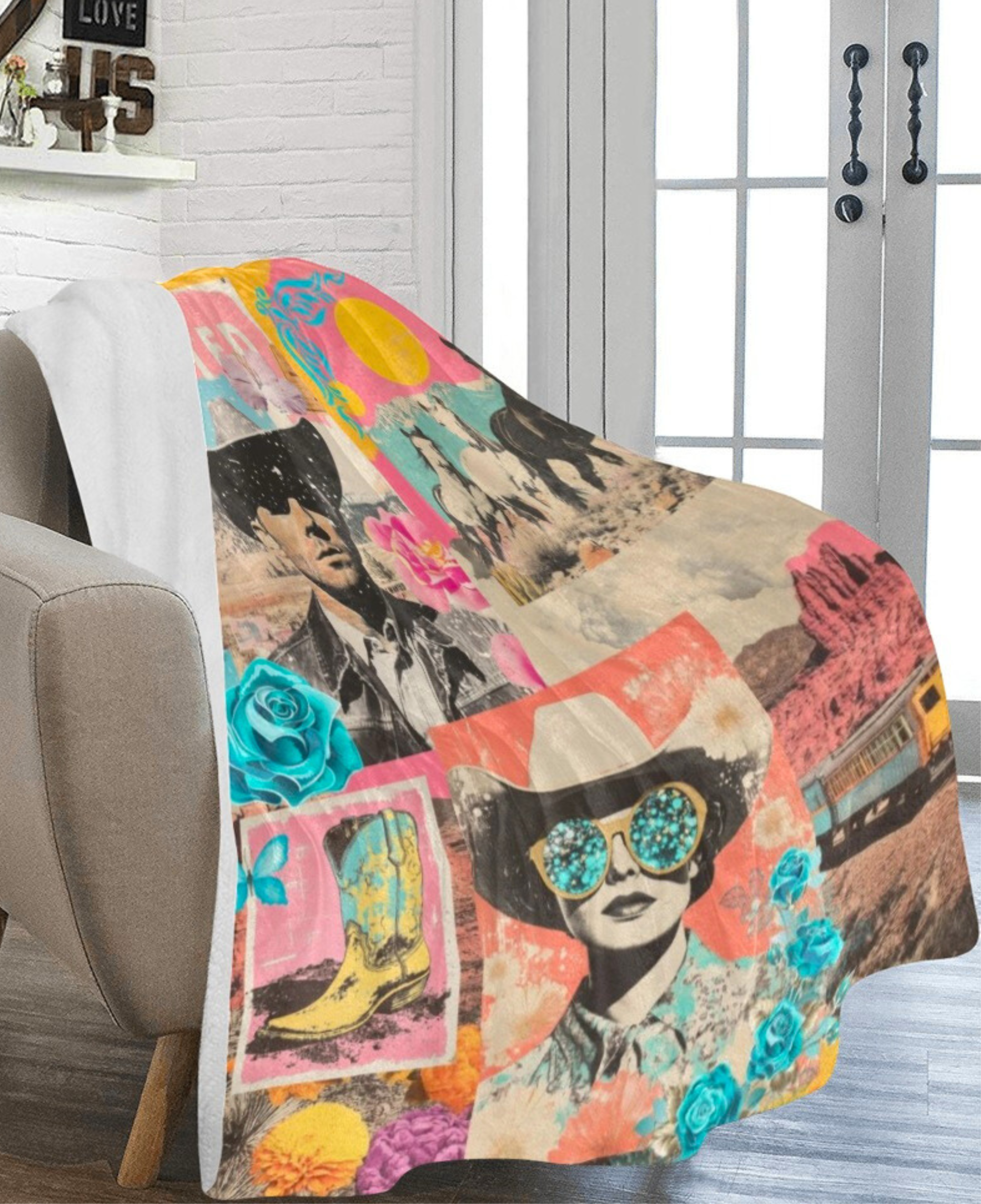 Pop Western Collage Throw Blanket Ultra-Soft Micro Fleece Blanket 60" x 80" Made in America Baha Ranch Western Wear