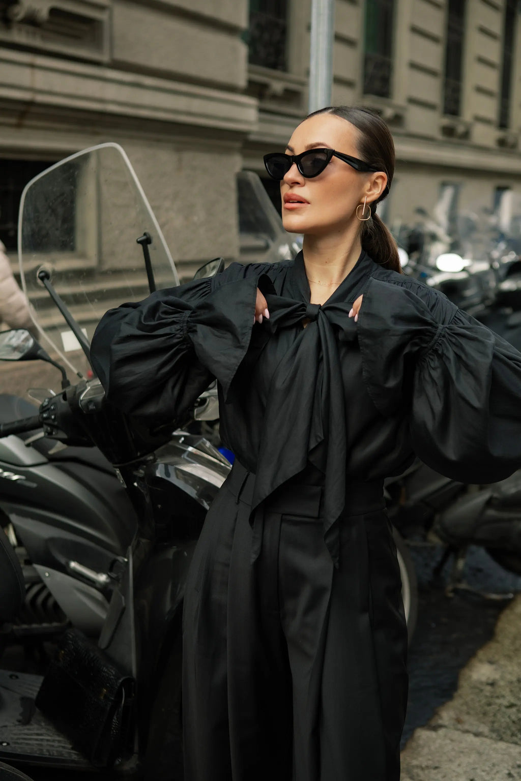 Protagonista Tencel Bow-Tie Black Blouse With Voluminous Airy Sleeves ETNA