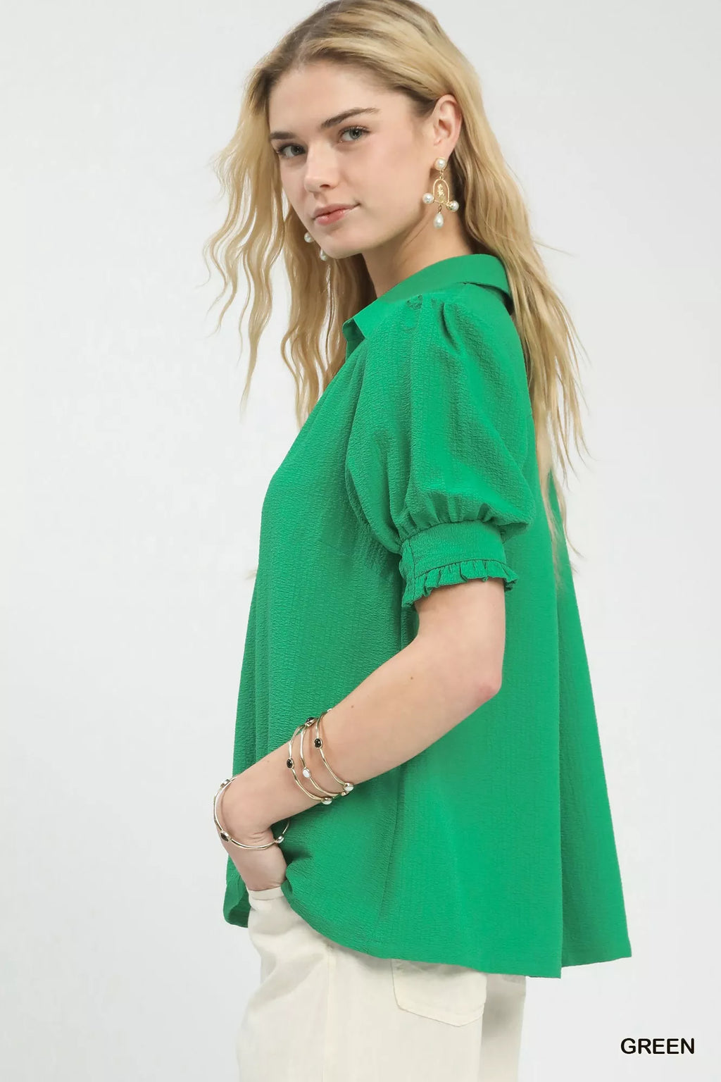 Umgee Seersucker Puff Sleeve Blouse