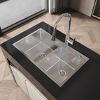 Stainless Steel Kitchen Sink, 32″x19″ Double Bowl in Brushed Nickel, Overmount Handmade Sink, with US Standard Drain and Hook, LS-SSBR03