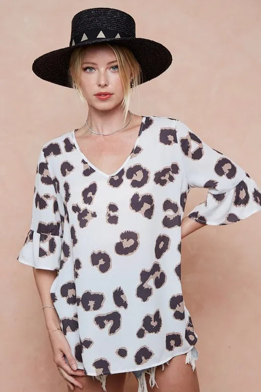 BiBi Leopard Printed V Neck Woven Top with Ruffled