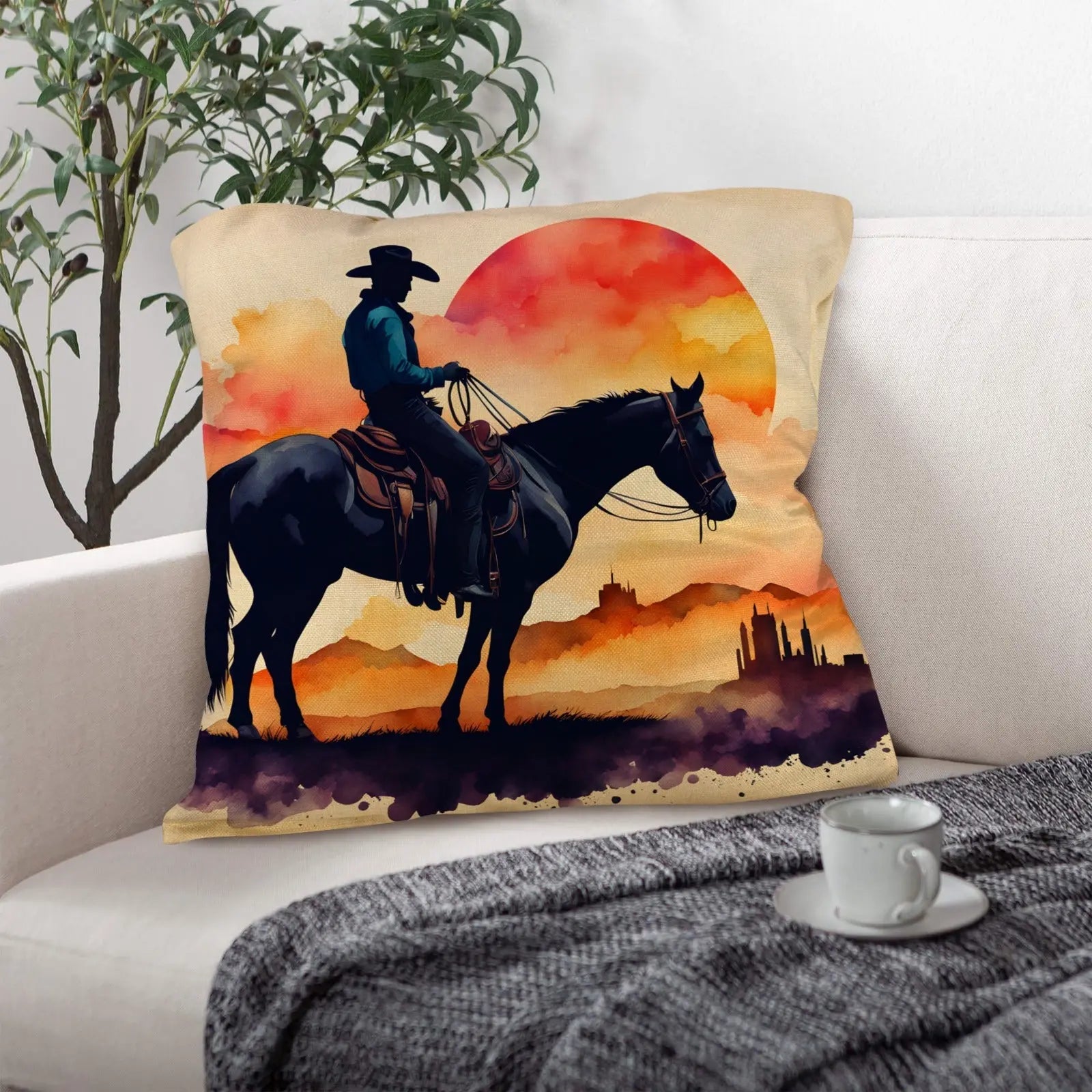 Watercolor Desert Cowboy Throw Pillow Case Made in America Baha Ranch Western Wear