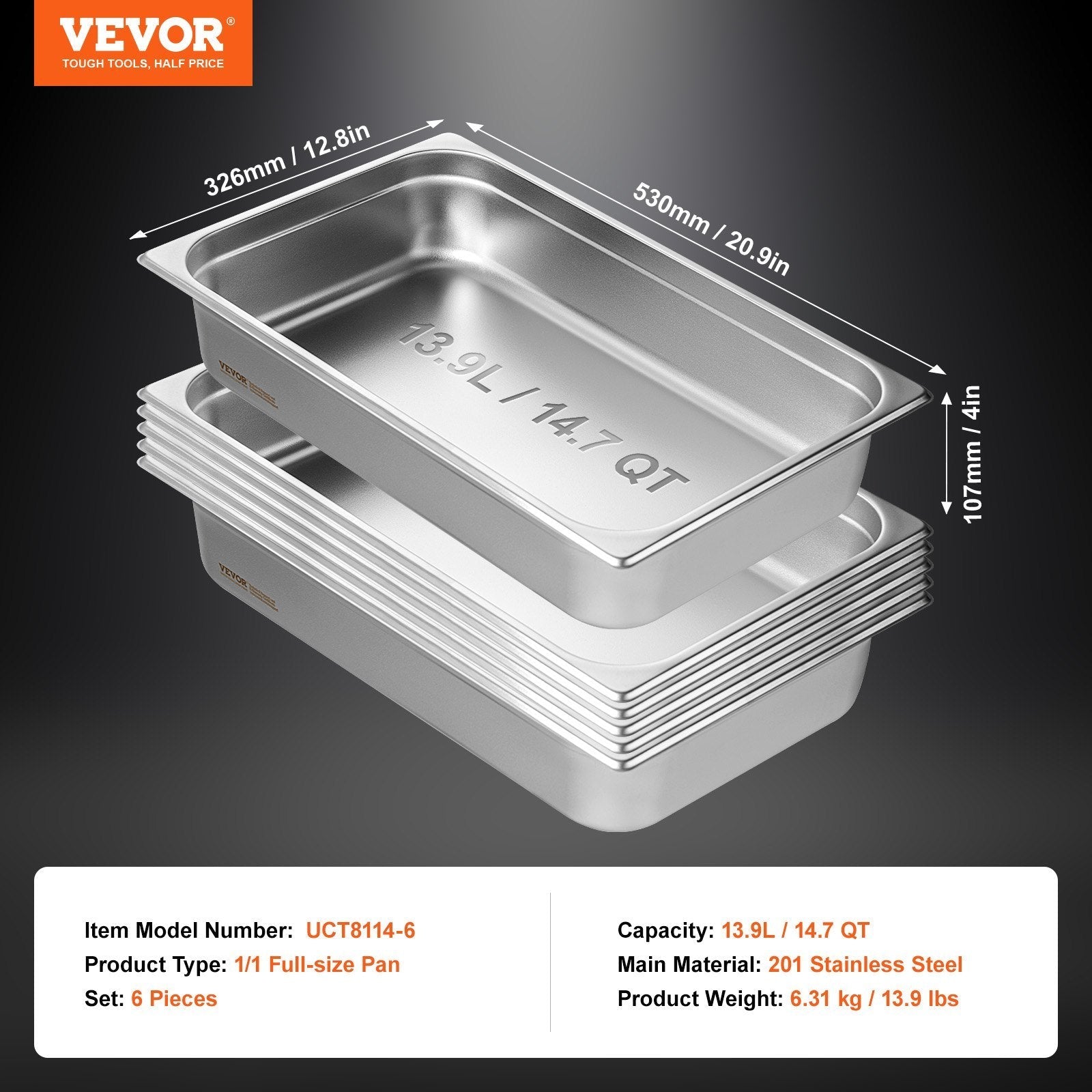 6 Pack Hotel Pans, Full Size Anti-Jam Steam Pan, 0.8mm Thick Stainless Steel Restaurant Steam Table Pan, 4-Inch Deep Commercial Table Pan, Catering Storage Food Pan, for Industrial & Scientific