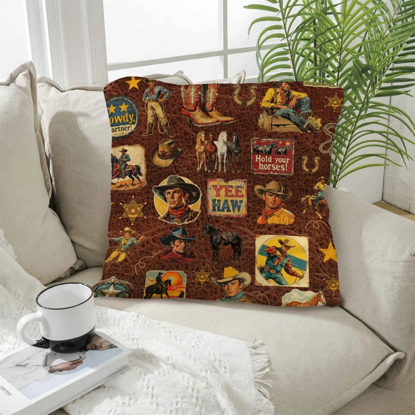Vintage Cowboy Collage Western Throw Pillow Case Made in America Baha Ranch Western Wear