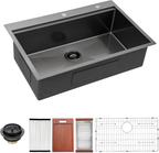 33 Inch Gunmetal Black Drop in Workstation kithchen Sink -33 'x 22' 16 Gauge Topmount Drop in Single Bowl Stainless Steel Kitchen Sink with Accessories