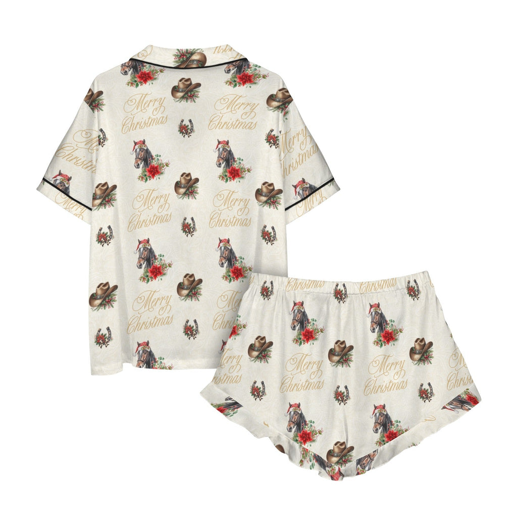 Baha Ranch Christmas Horses Cowgirl Western Satin Short Pajama Set Baha Ranch Western Wear